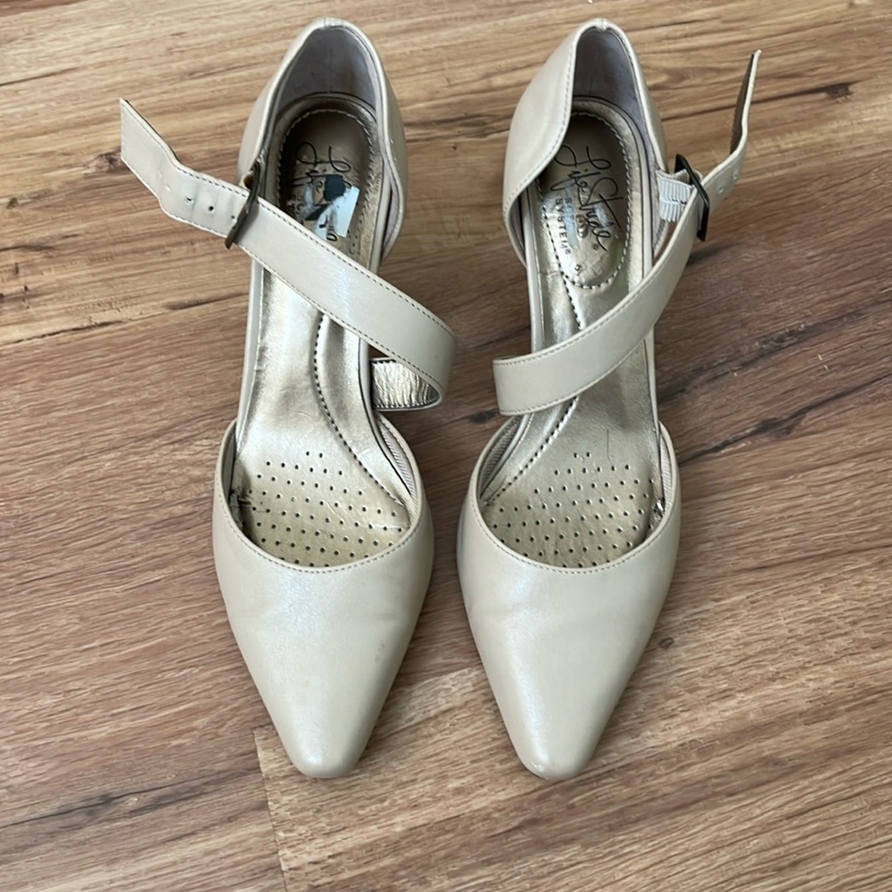 Life Stride Beige Pointed-Toe Ankle Strap Heels